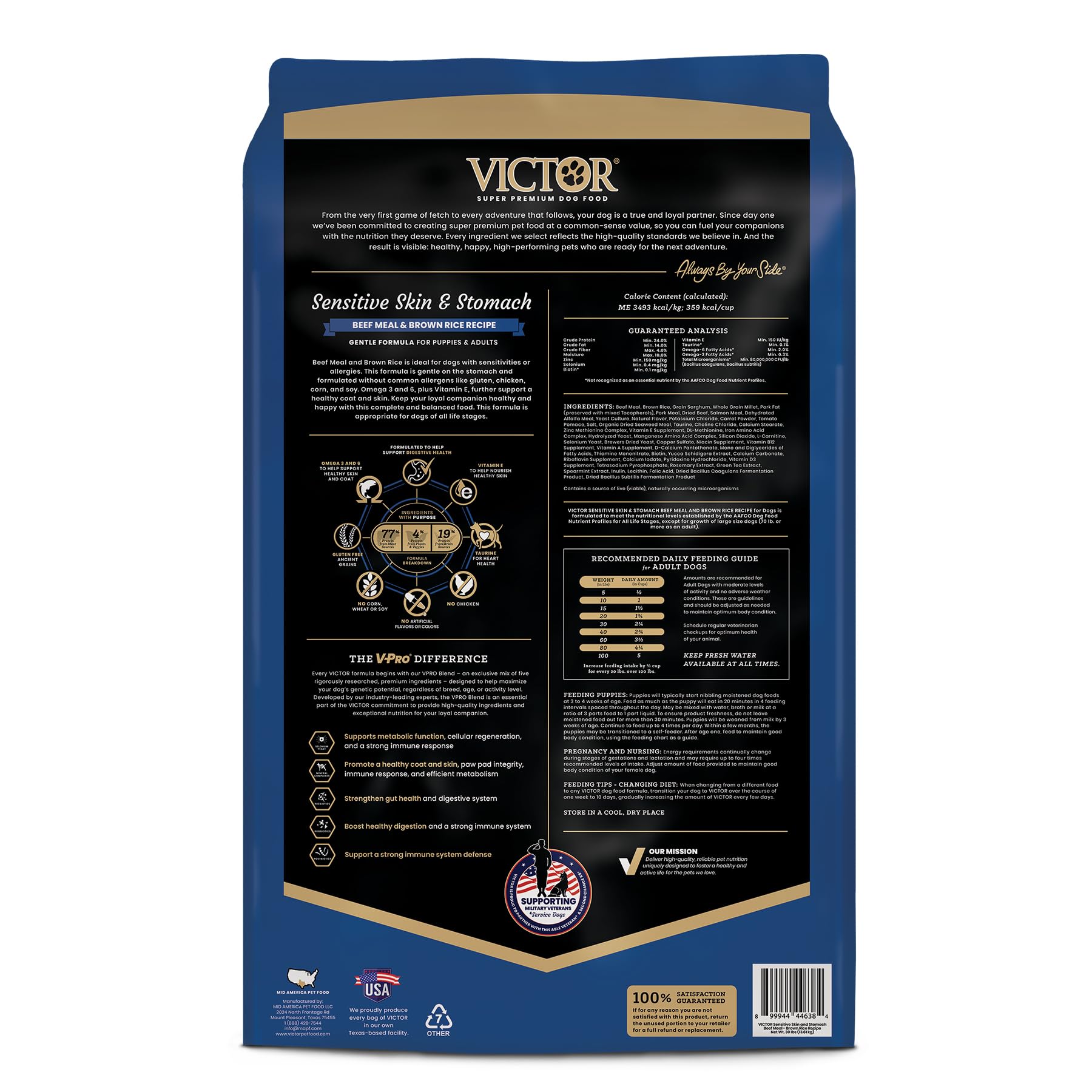 VICTOR taza medidora junto a bolsa de 30 lb para comparar tamaño