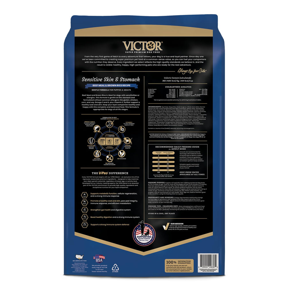 VICTOR taza medidora junto a bolsa de 30 lb para comparar tamaño