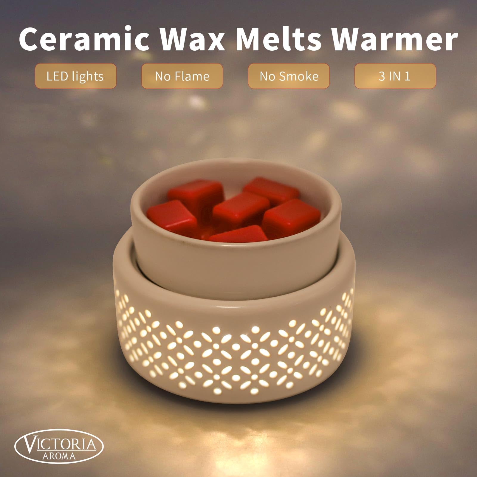 VICTORIA AROMA plato removible mostrando wax melt funcionalidad segura