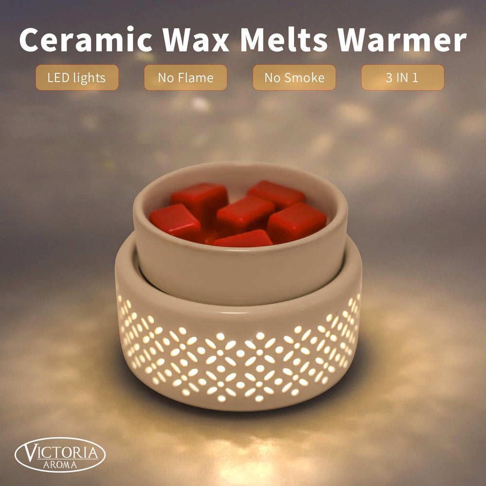 VICTORIA AROMA plato removible mostrando wax melt funcionalidad segura