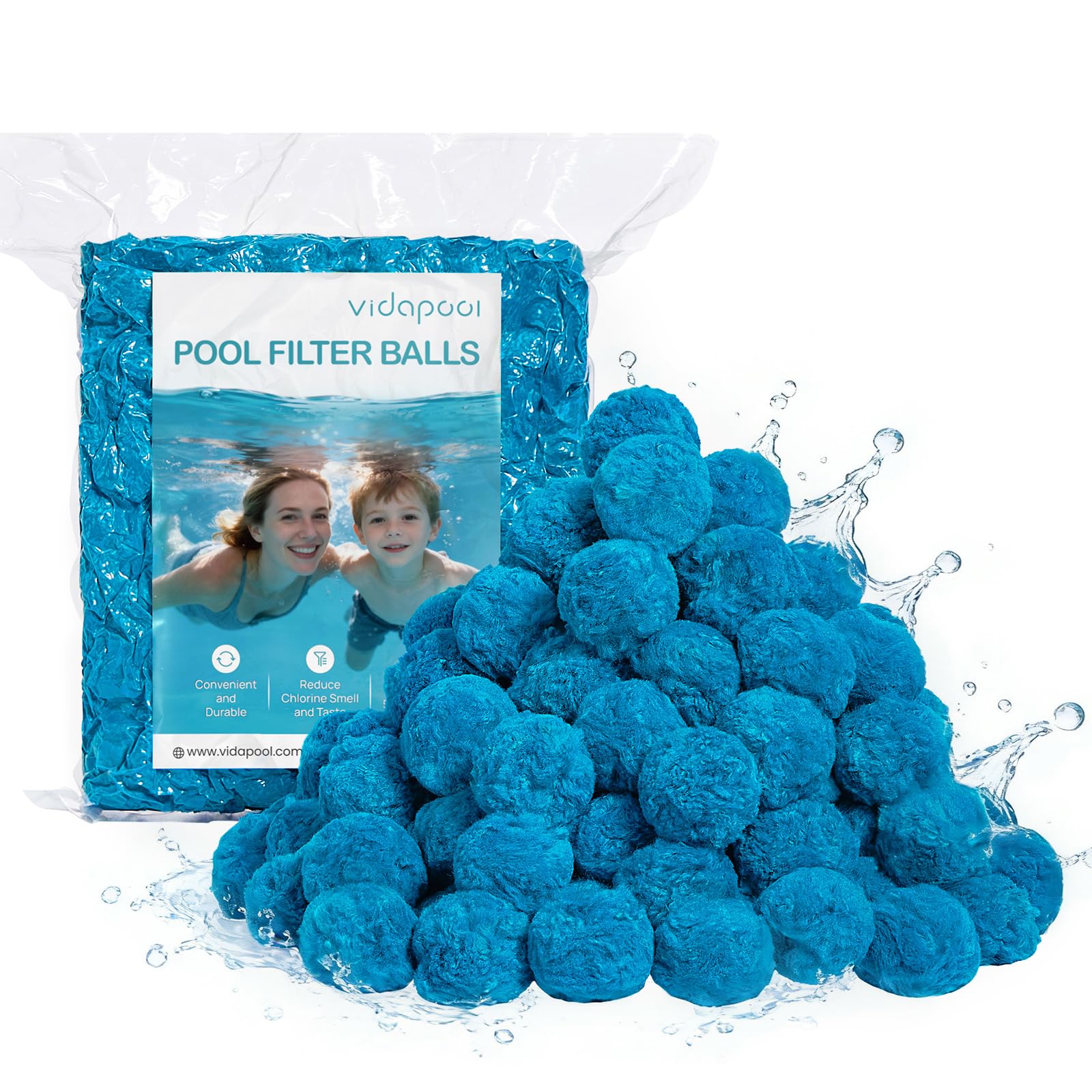 Vidapool empaque frontal mostrando bolas filtrantes y facilidad de uso