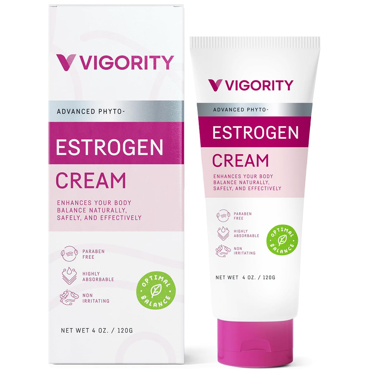 Vigority crema de estrógeno vista frontal con envase claro y descripción