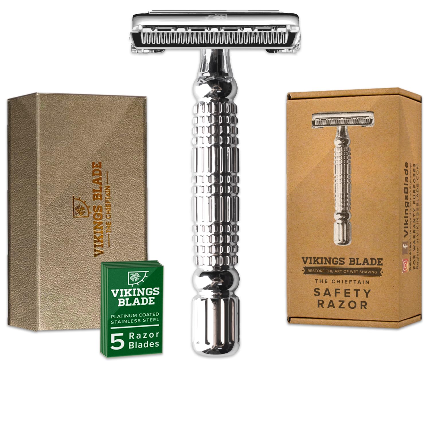 VIKINGS BLADE The Chieftain vista frontal con estuche mostrando acabado premium