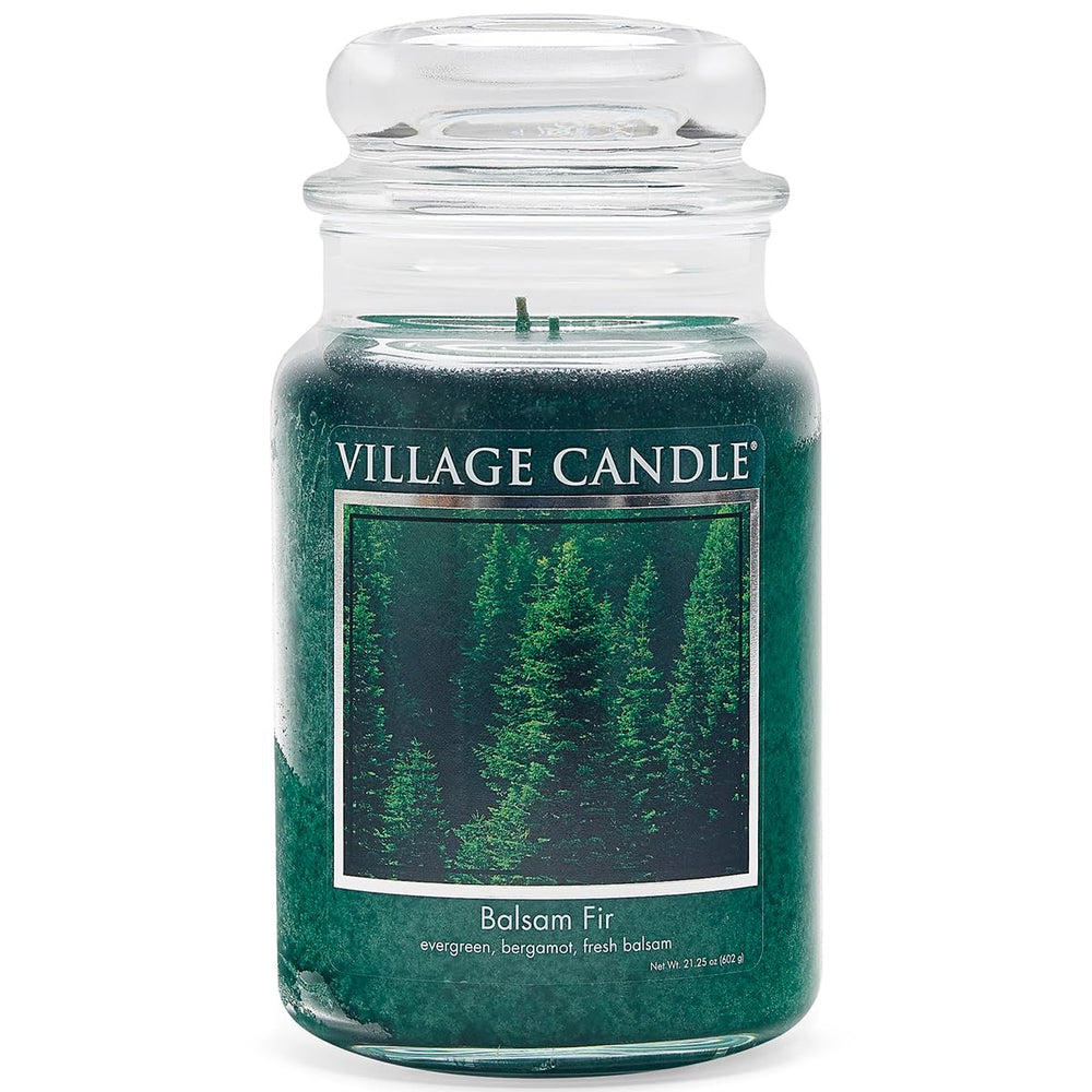 Village Candle front view of green apothecary jar showing balsam fir scent and decorative appeal