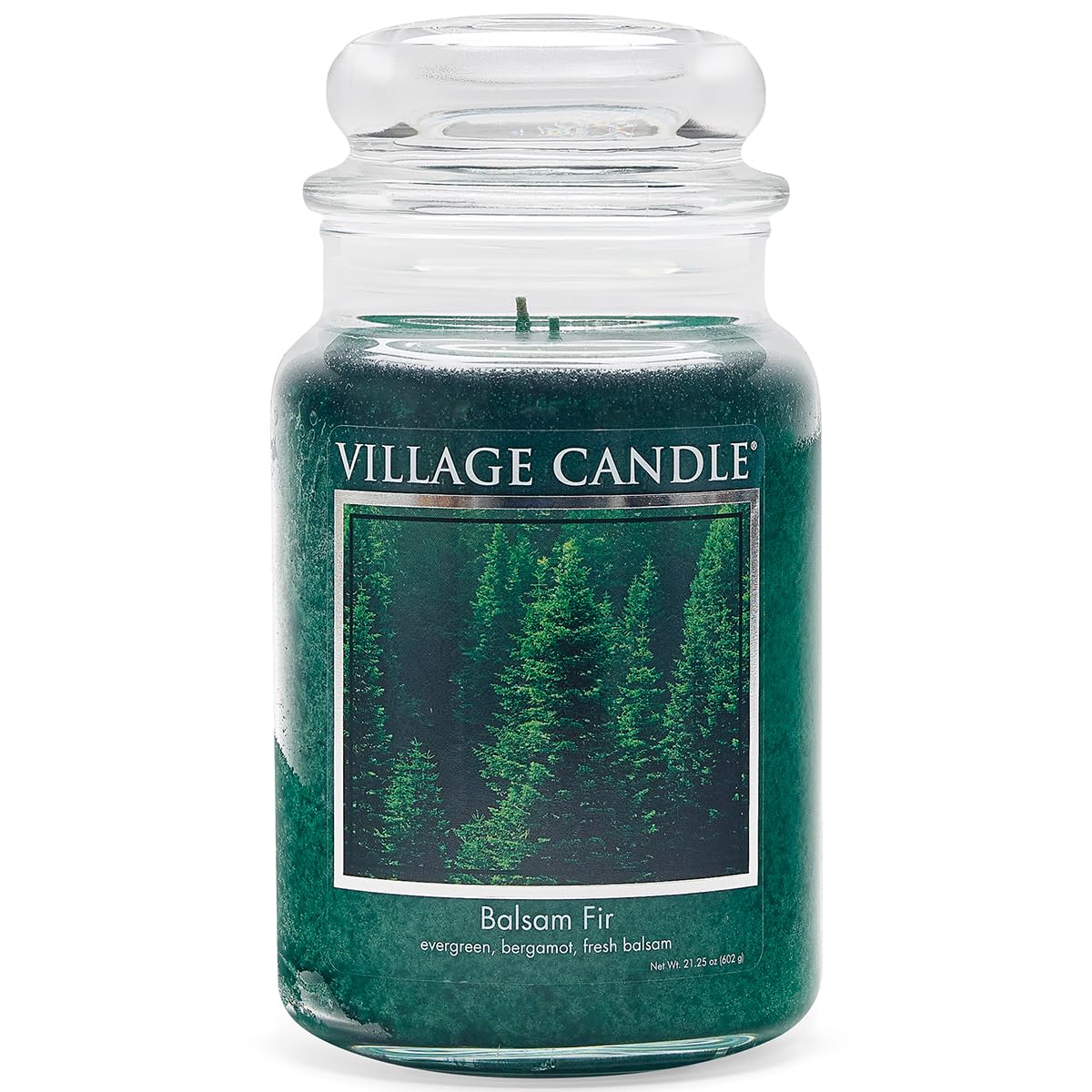 Village Candle front view of green apothecary jar showing balsam fir scent and decorative appeal