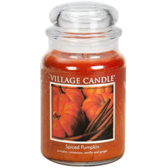 Village Candle spiced pumpkin front jar view showing label and warm orange color