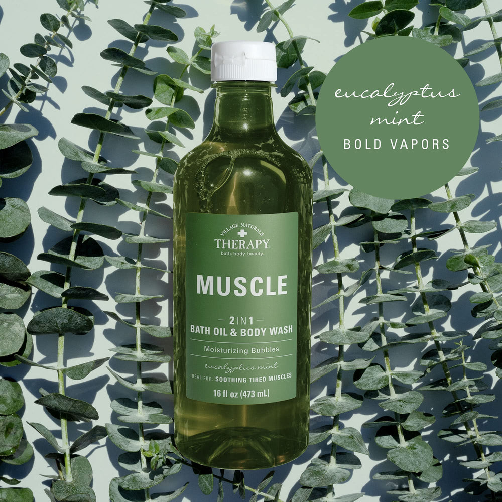 Village Naturals Therapy etiqueta con ingredientes resaltando eucalipto y mentol
