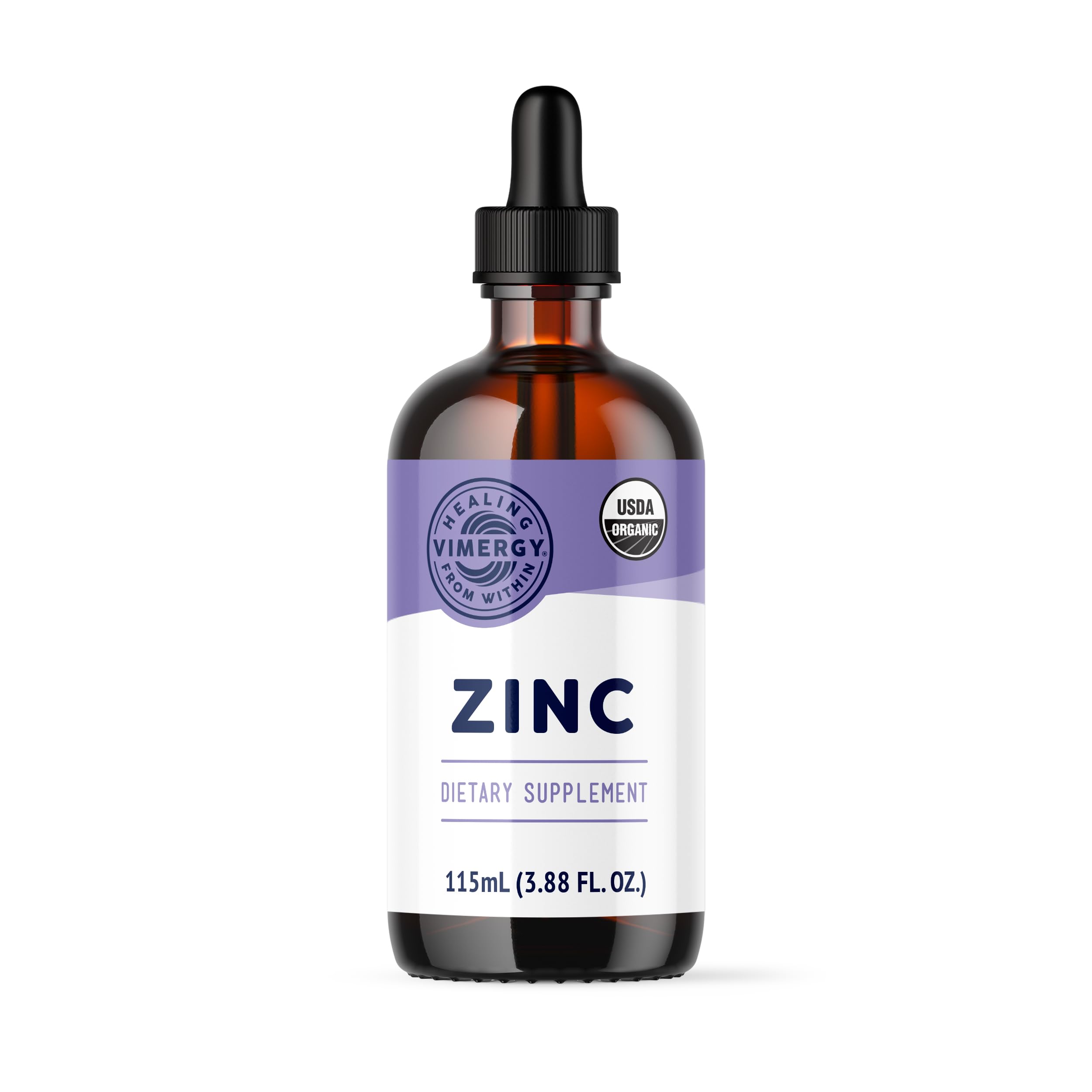 Vimergy botella frontal de Zinc líquido 115 mL mostrando envase orgánico y porciones