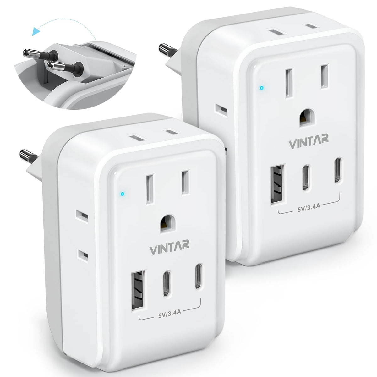 VINTAR vista frontal del pack de 2 adaptadores mostrando diseño compacto y práctico