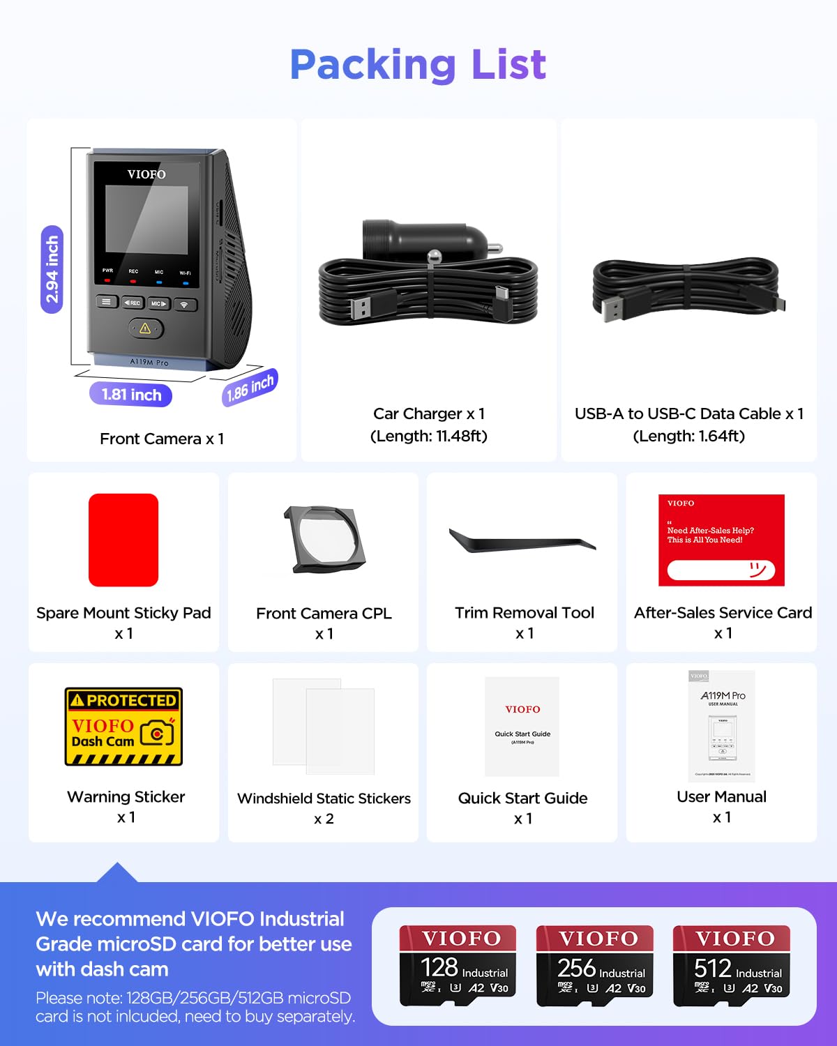 VIOFO A119M Pro embalaje con accesorios incluidos y manual de usuario