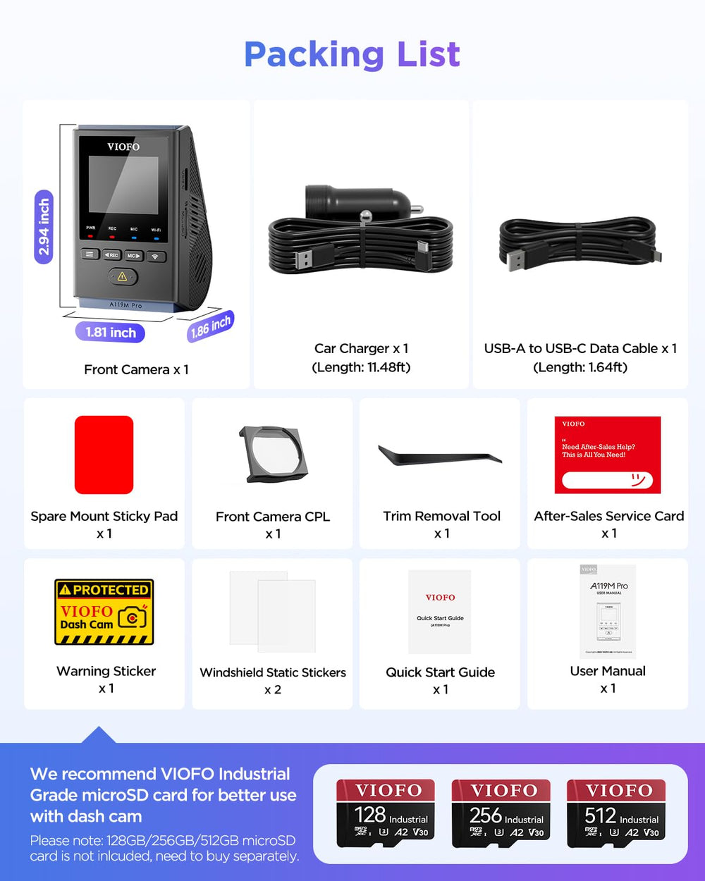 VIOFO A119M Pro embalaje con accesorios incluidos y manual de usuario