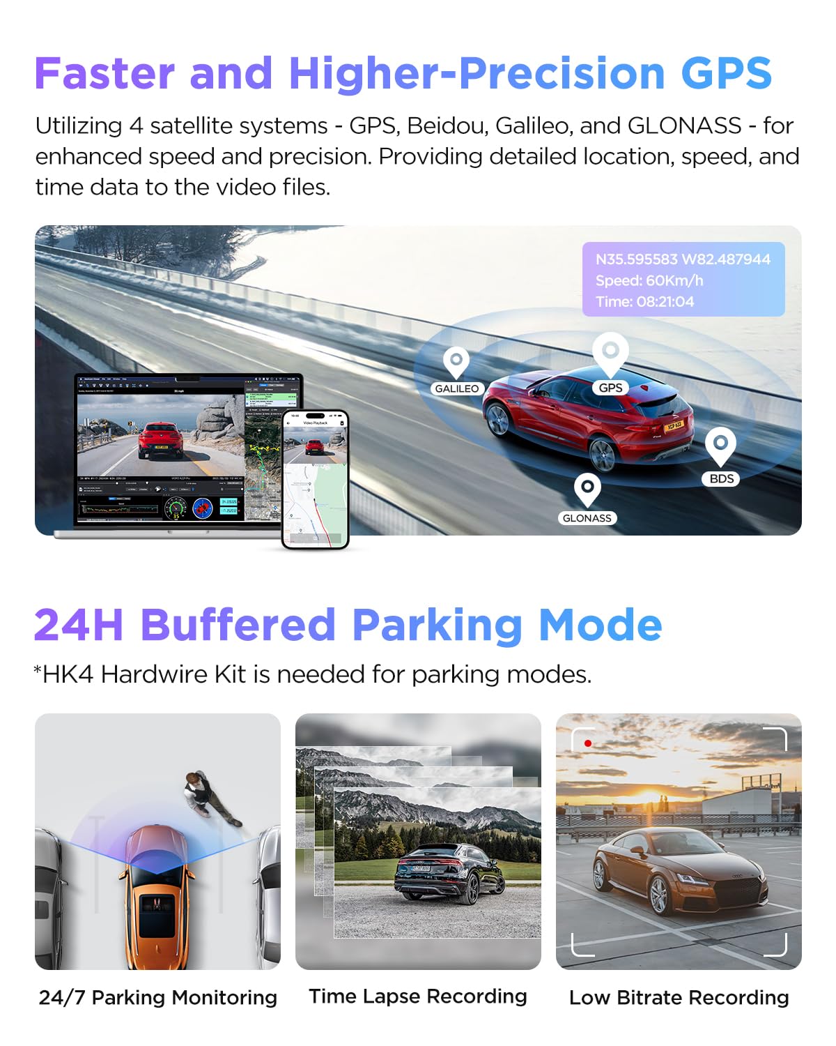 VIOFO módulo GPS y cable trasero de 6 m garantizando registro preciso