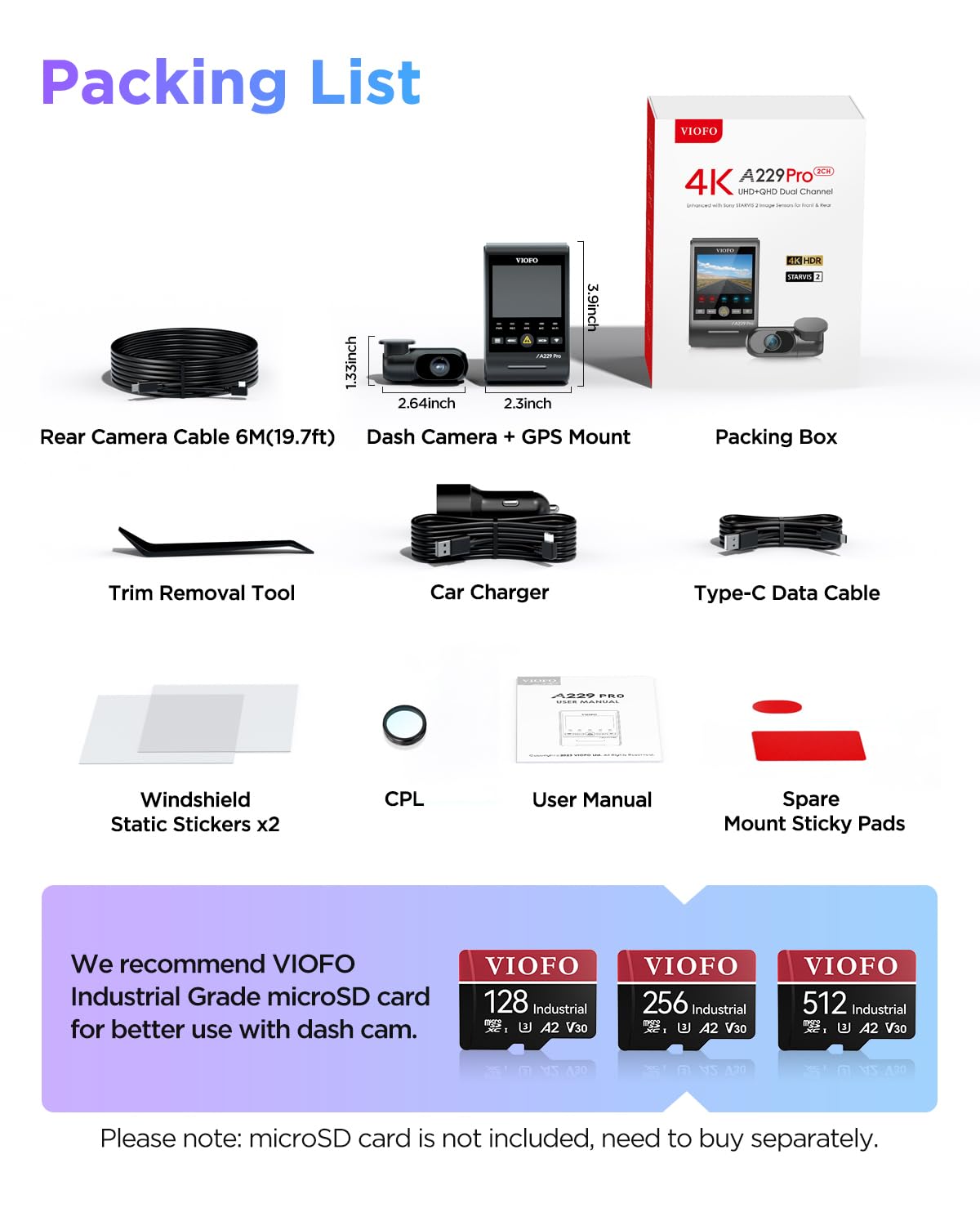 VIOFO A229 Pro con caja y accesorios listos para instalación