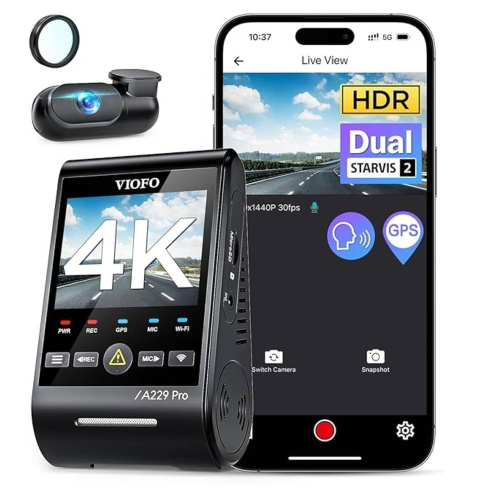 VIOFO A229 Pro frontal montada en parabrisas mostrando resolución 4K y seguridad
