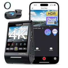 VIOFO A229 Pro frontal montada en parabrisas mostrando resolución 4K y seguridad