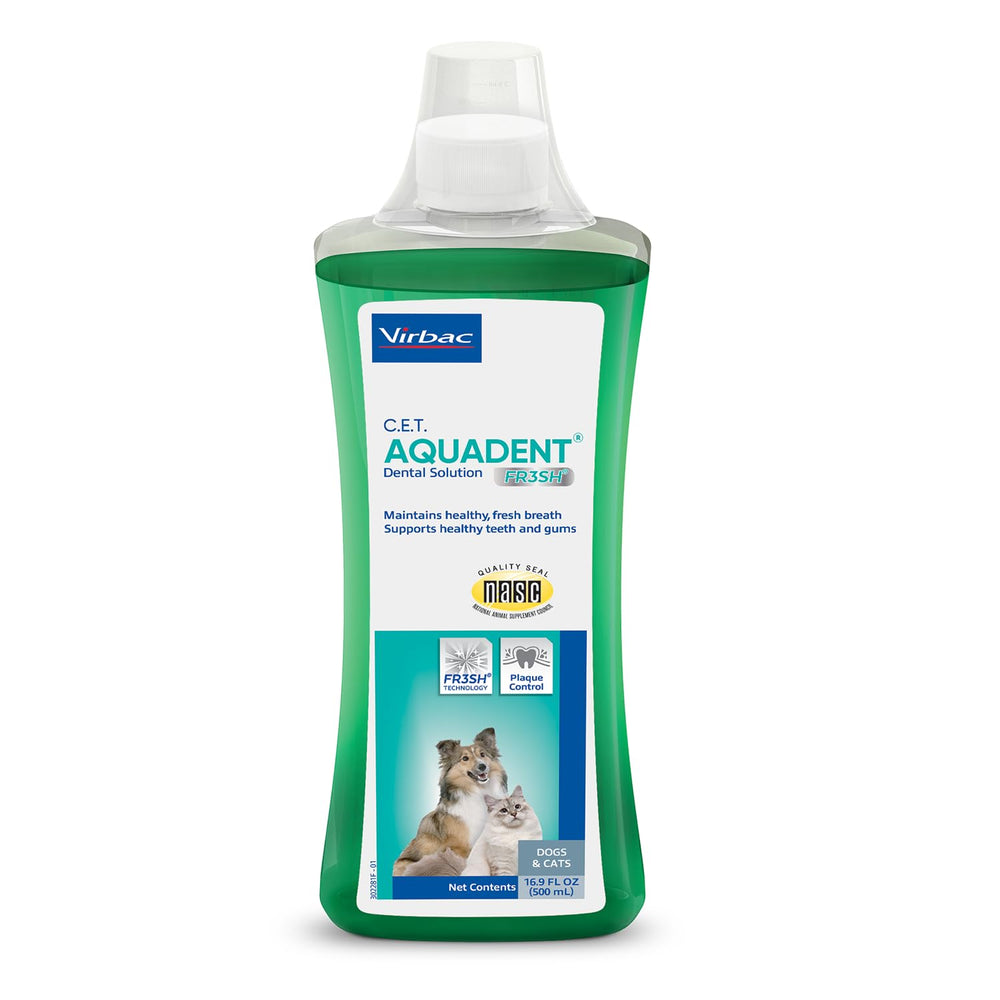 Virbac C.E.T. Aquadent Fr3sh frente del empaque muestra etiqueta clara y beneficios
