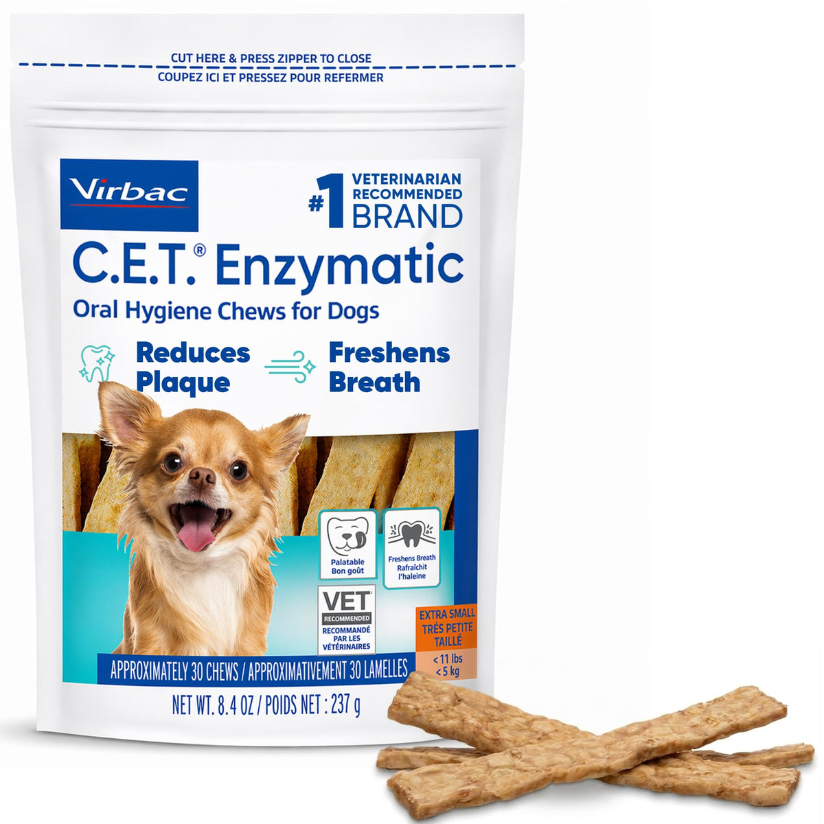 Virbac C.E.T. masticable frontal mostrando forma y tamaño, facilita higiene dental