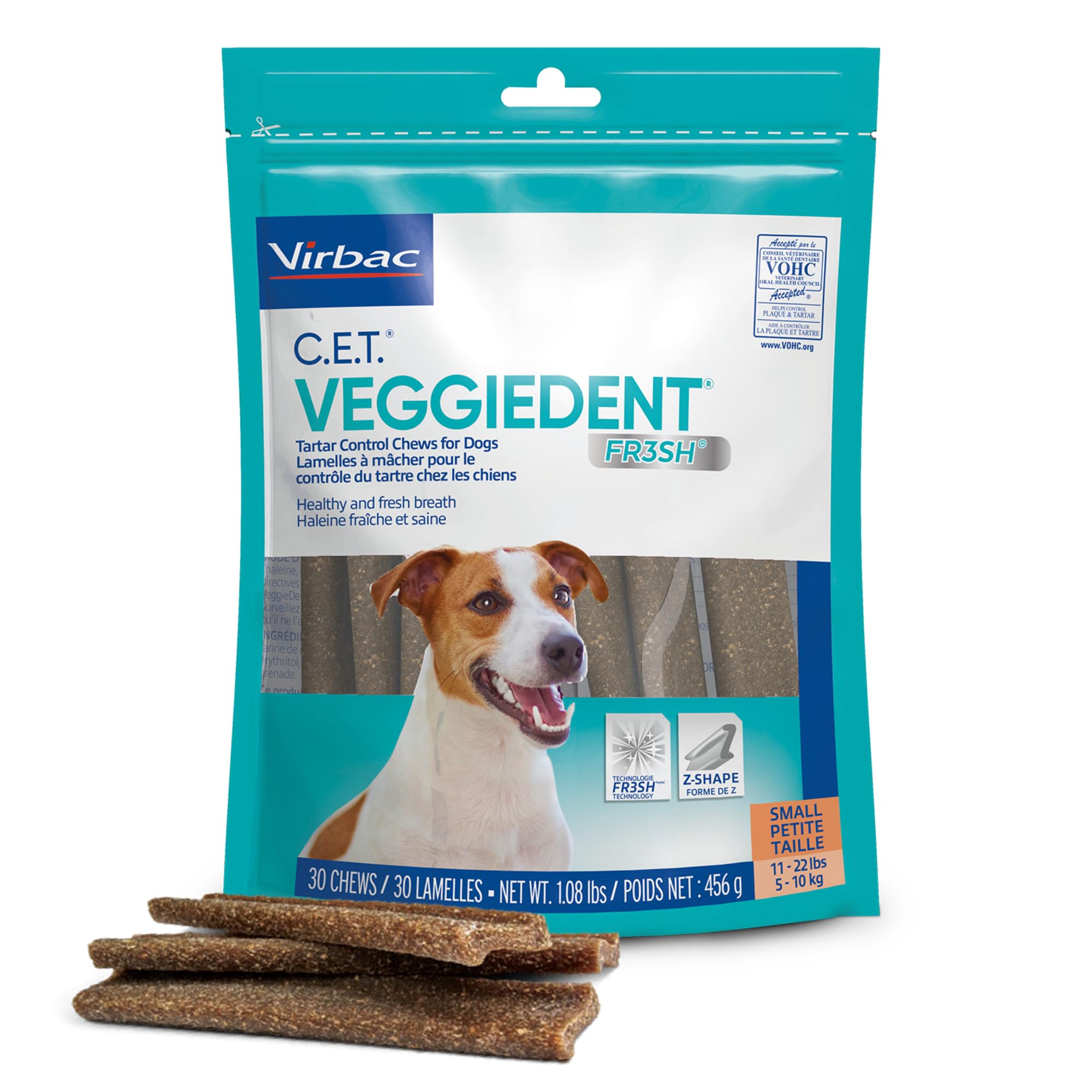 Virbac CET Veggiedent Fr3sh frente del empaque mostrando bolsa y marca