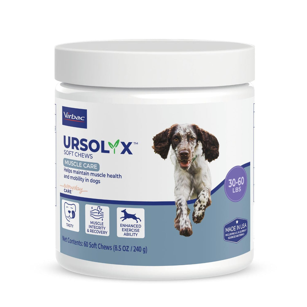 Virbac URSOLYX envase frontal mostrando 60 comprimidos blandos y beneficio muscular