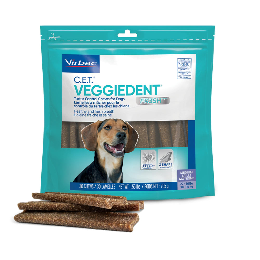 Virbac paquete frontal mostrando masticables y beneficio higiene dental