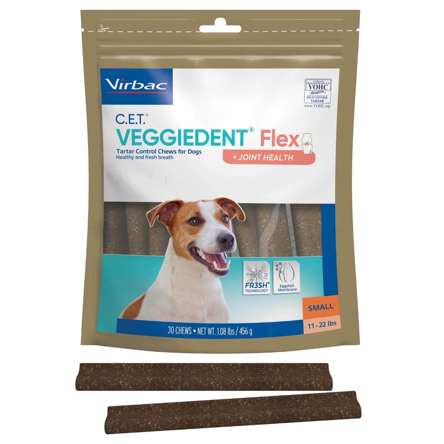 Virbac Veggiedent frontal del paquete mostrando 30 masticables y beneficios