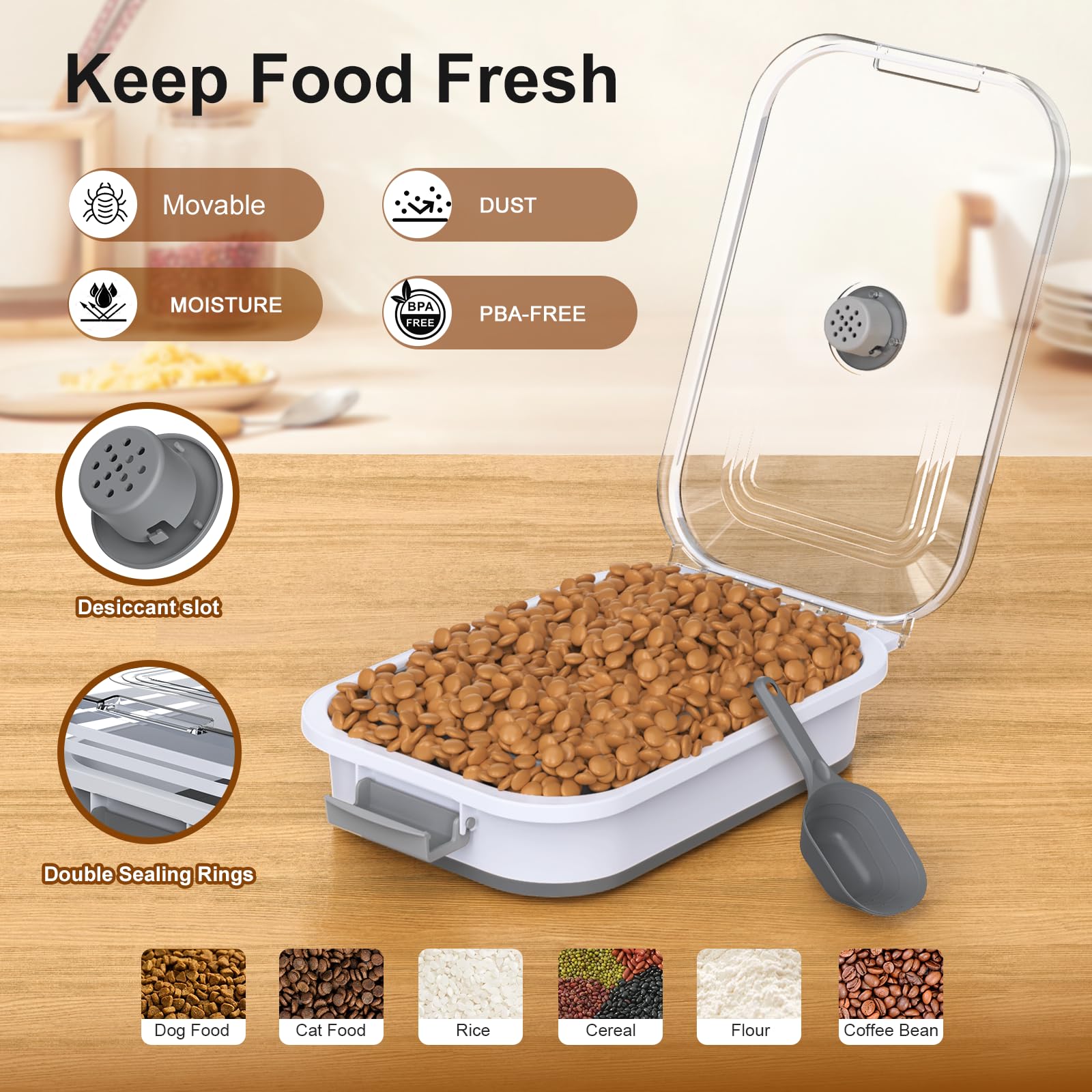 Viretec en cocina junto a mascota mostrando almacenamiento ordenado