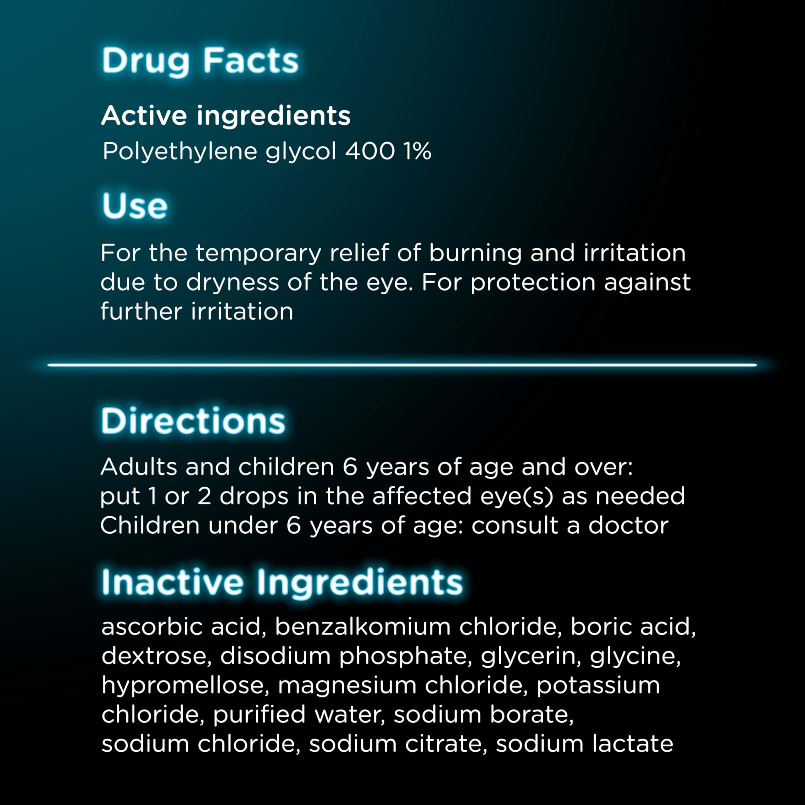 Visine etiqueta con ingredientes y polyethylene glycol 400 destacando hidratación