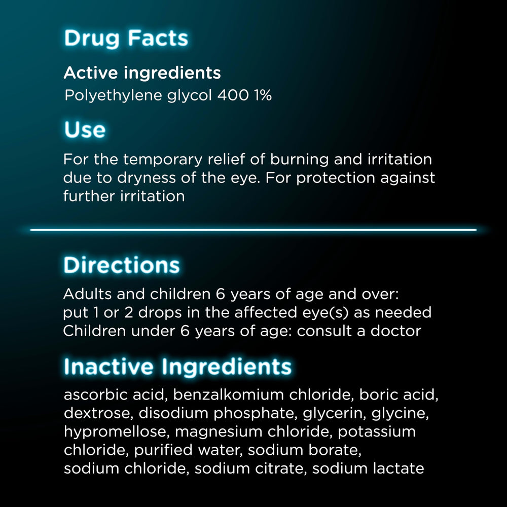 Visine etiqueta con ingredientes y polyethylene glycol 400 destacando hidratación