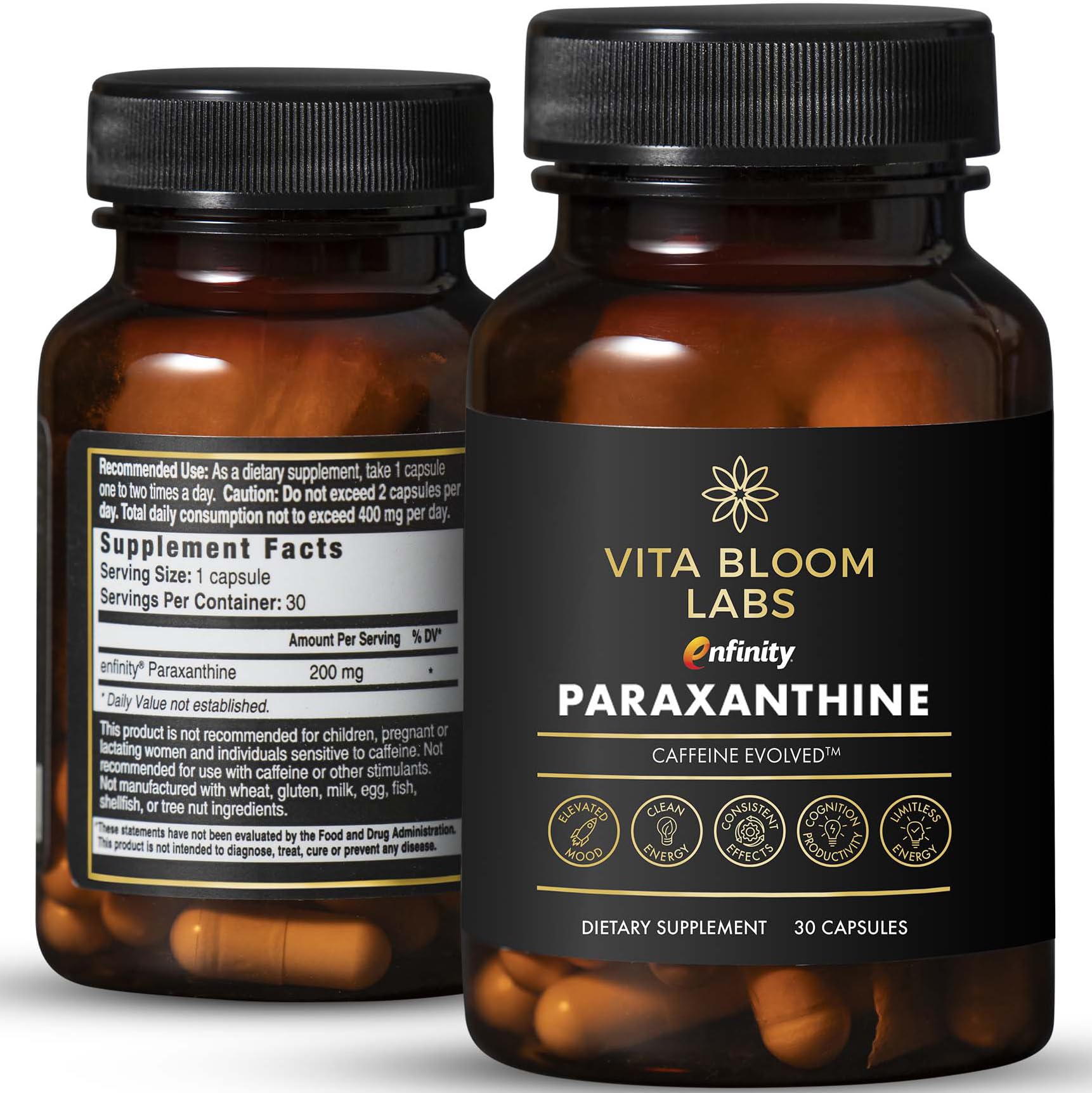 Vita Bloom Labs frasco frontal mostrando etiqueta clara y certificaciones
