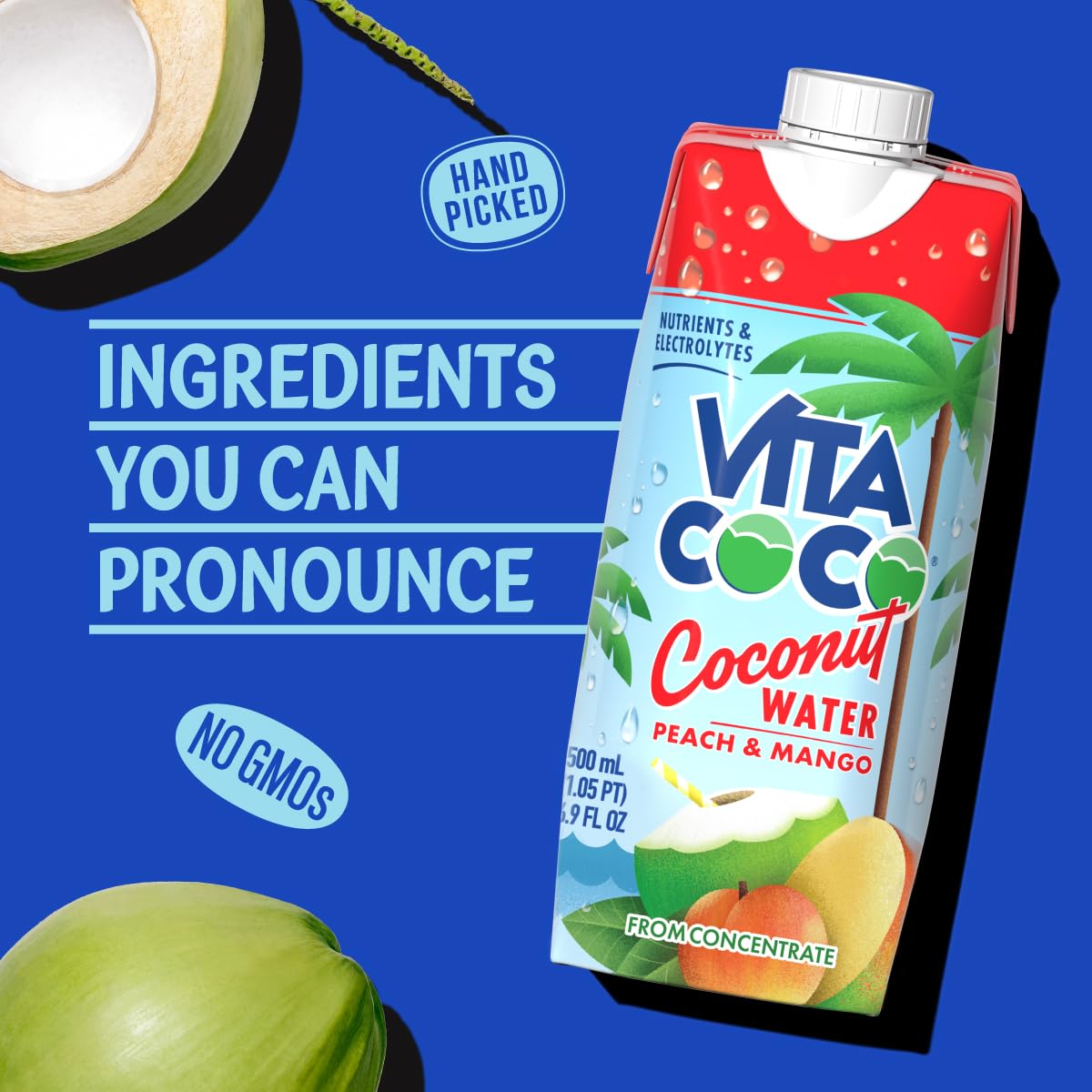 Vita Coco detalle de la etiqueta con información de electrolitos y bajo en calorías