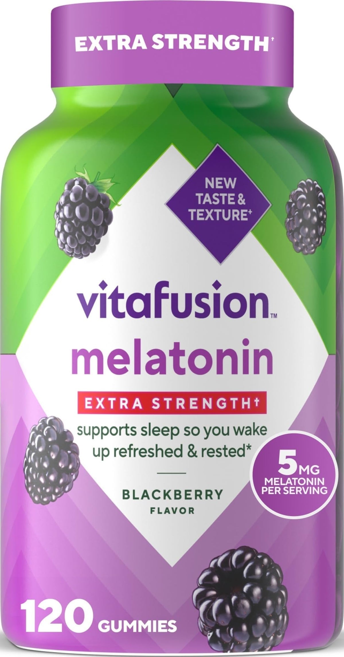 Vitafusion envase frontal de Melatonin 5 mg, presentación de 120 unidades beneficioso para rutina
