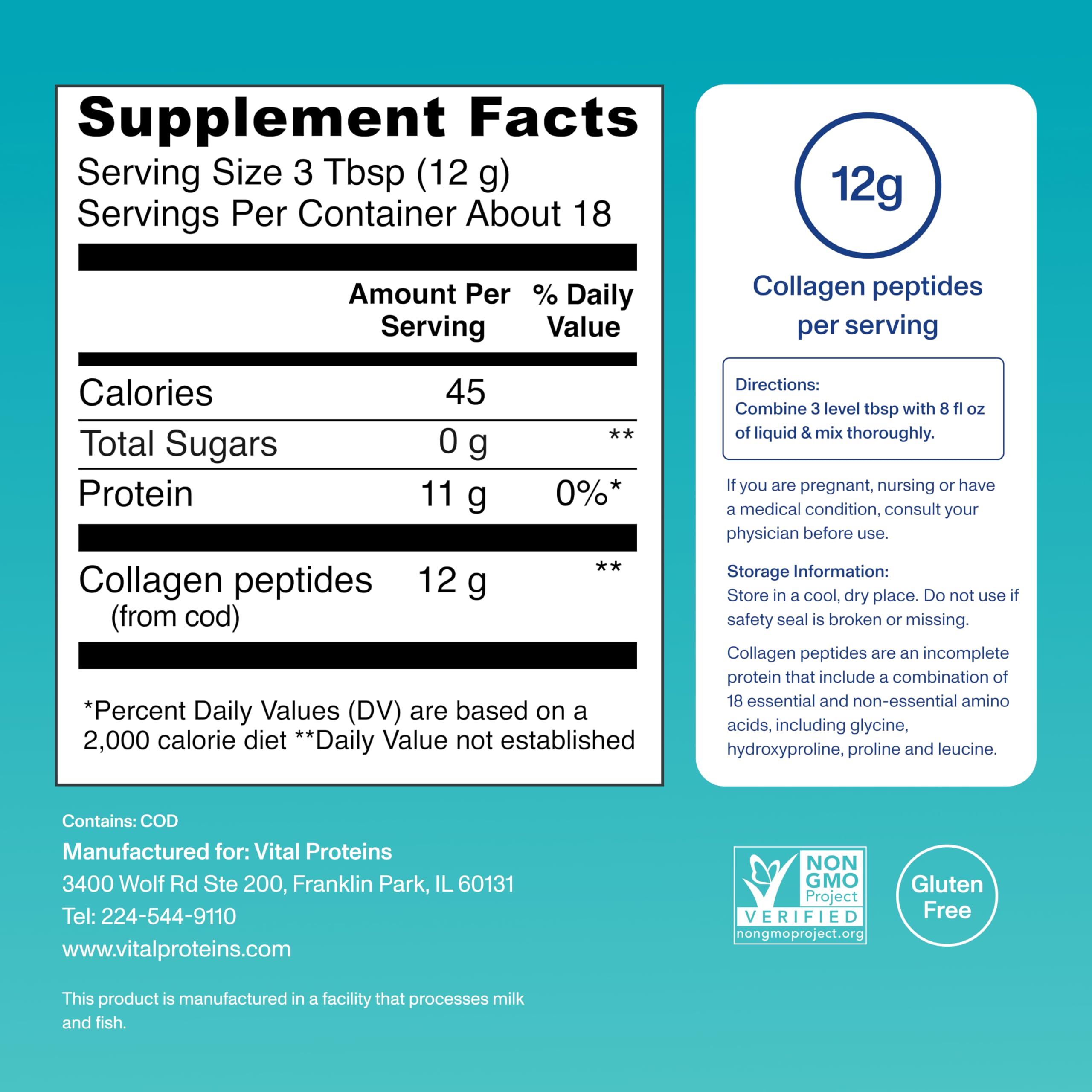 Vital Proteins etiqueta con lista de ingredientes y detalles de calidad
