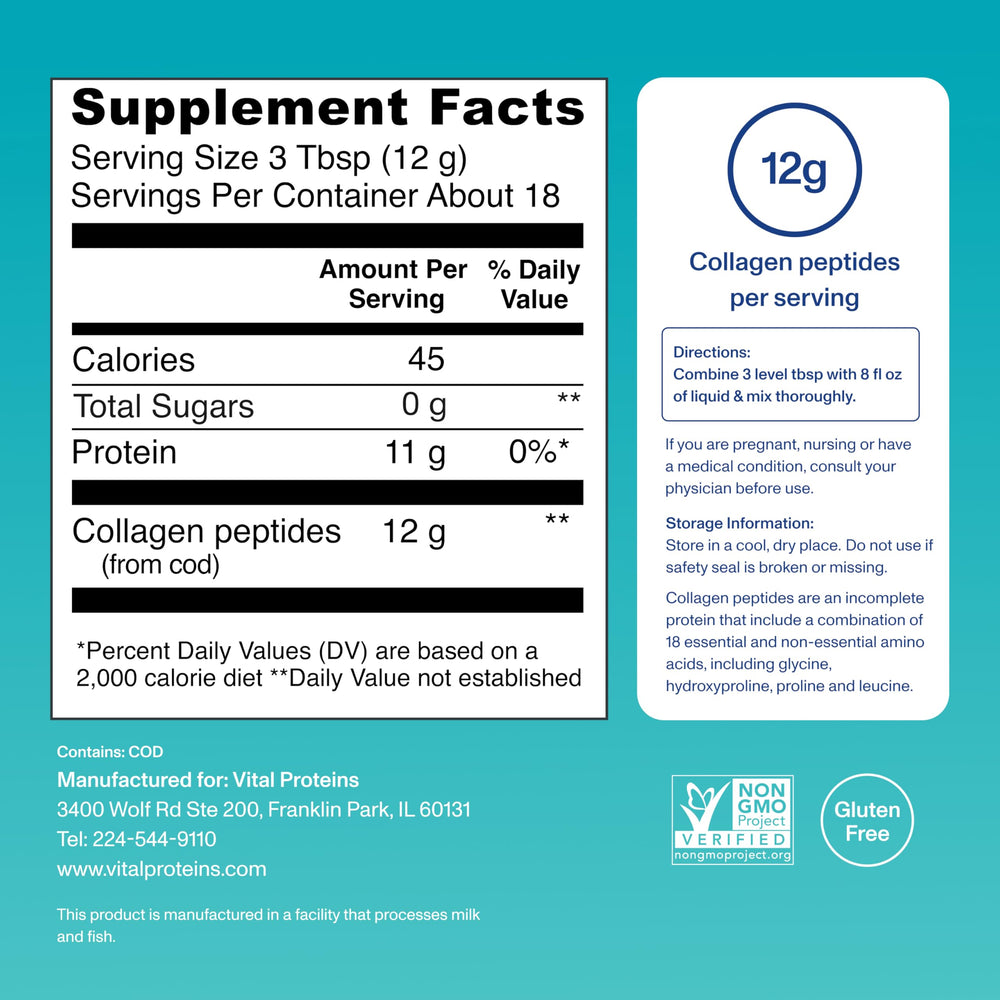 Vital Proteins etiqueta con lista de ingredientes y detalles de calidad