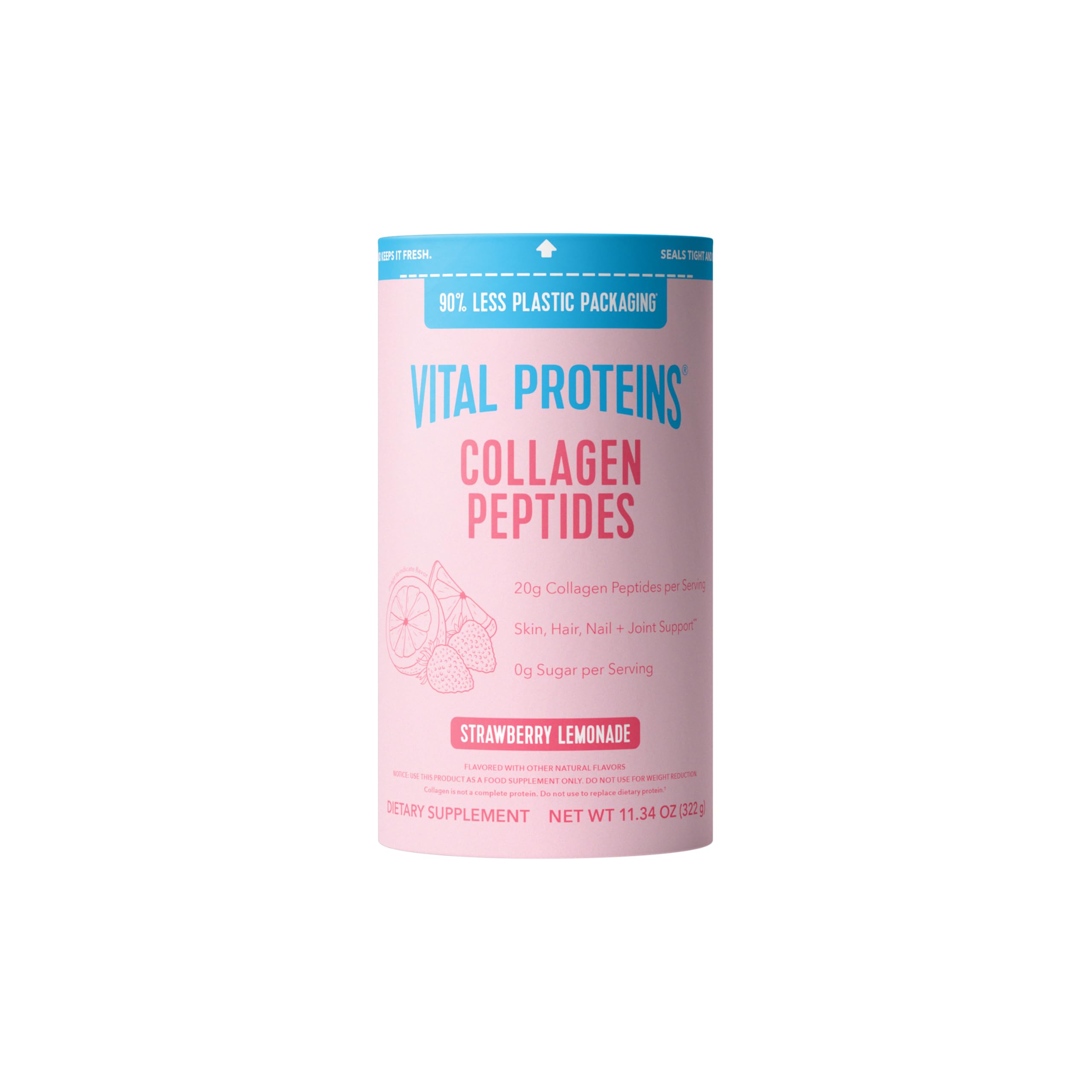 Vital Proteins envase frontal fresa limonada mostrando etiqueta y tamaño