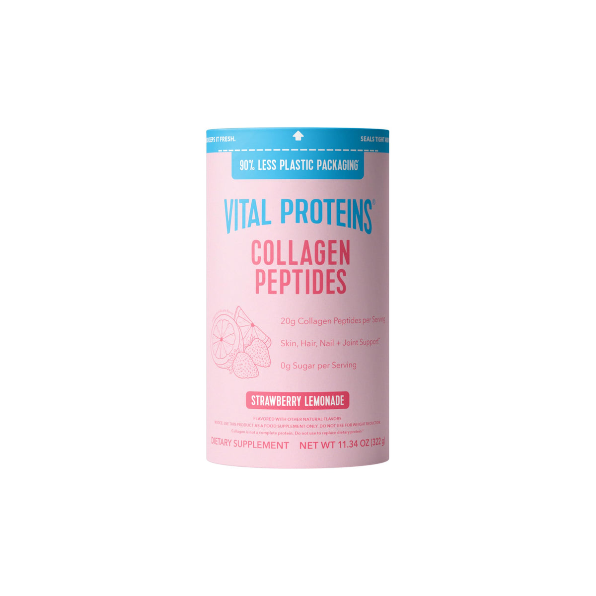Vital Proteins envase frontal fresa limonada mostrando etiqueta y tamaño