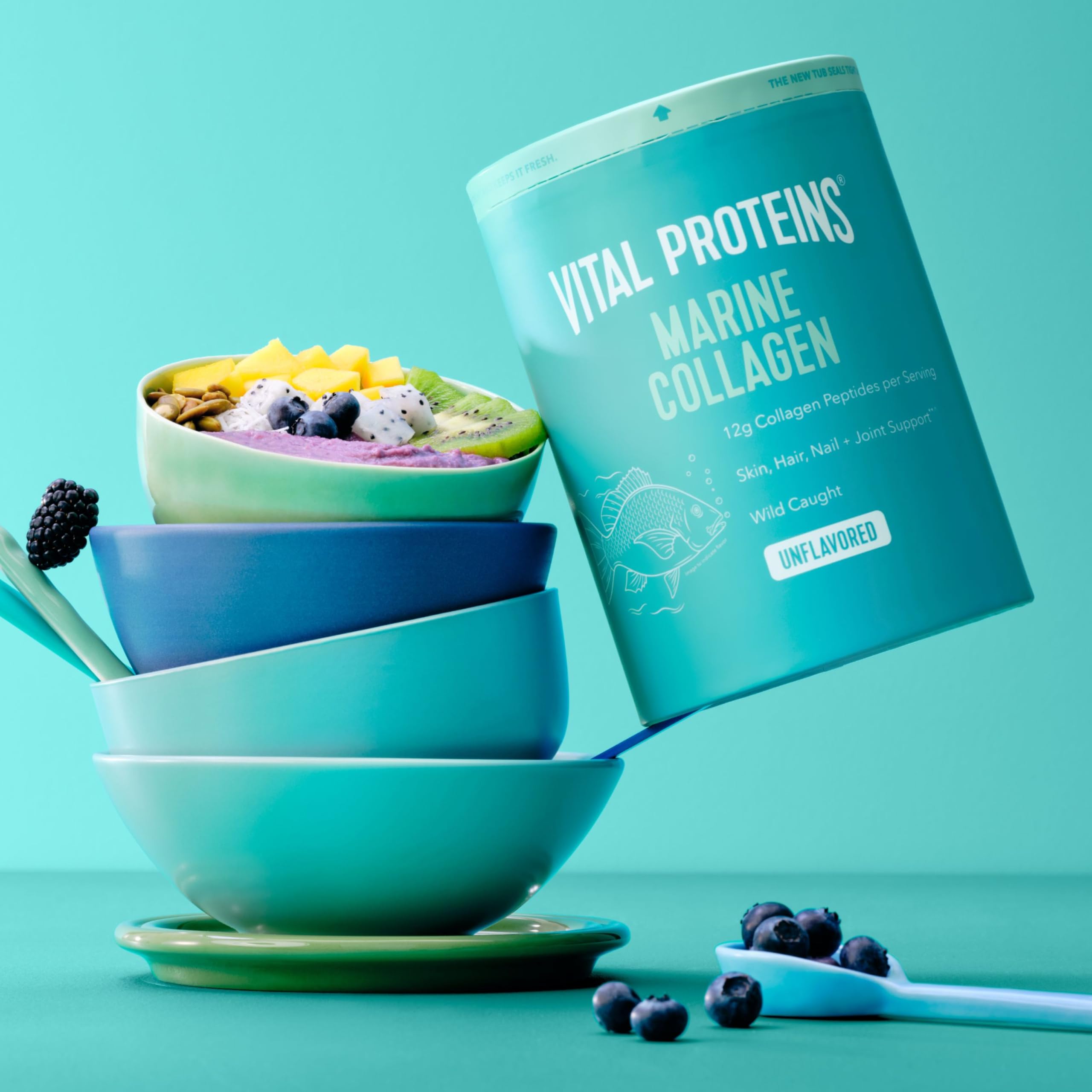 Vital Proteins polvo blanco textura cercana, fácil disolución y mezcla
