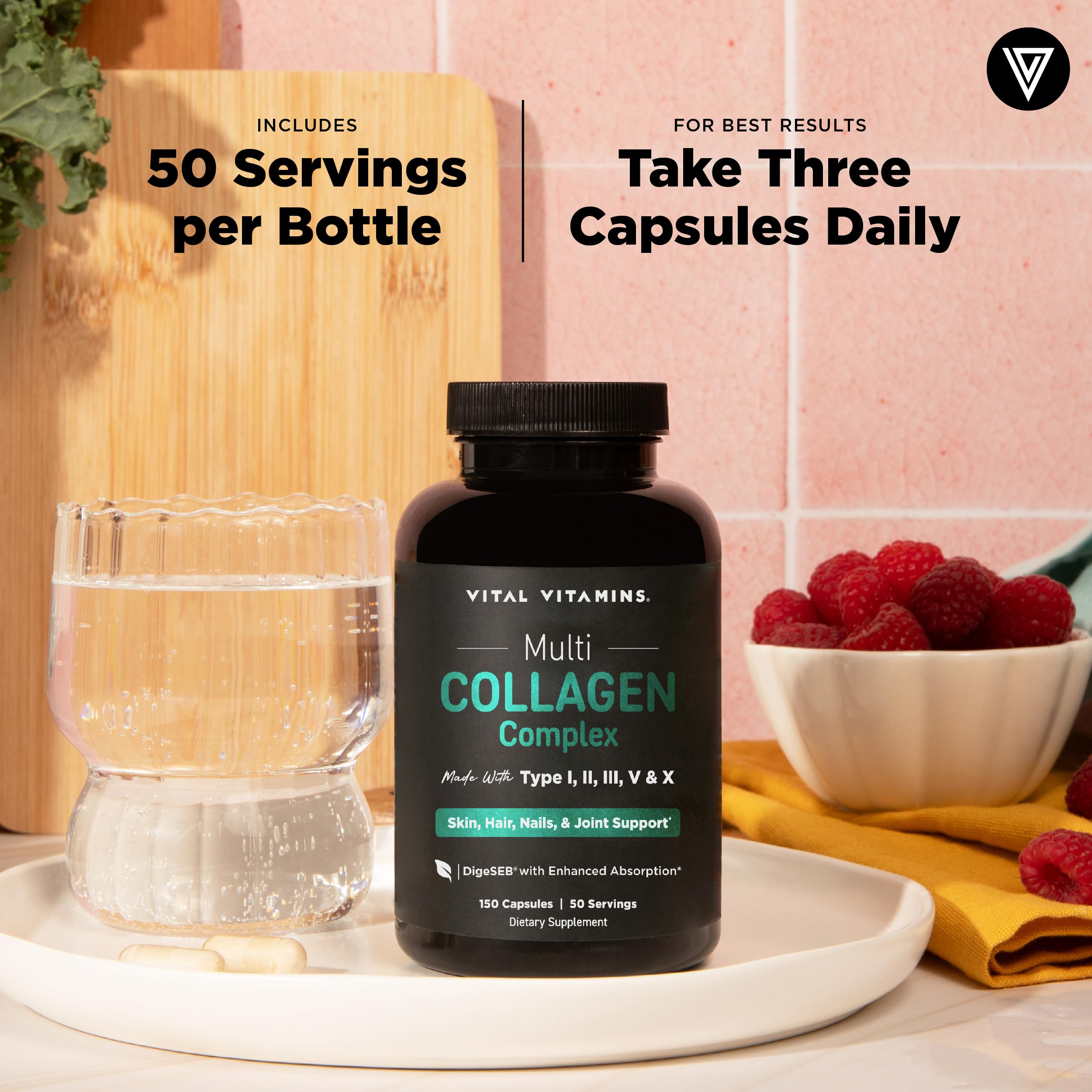 Vital Vitamins botella en ambiente de mesa para transmitir conveniencia y viaje