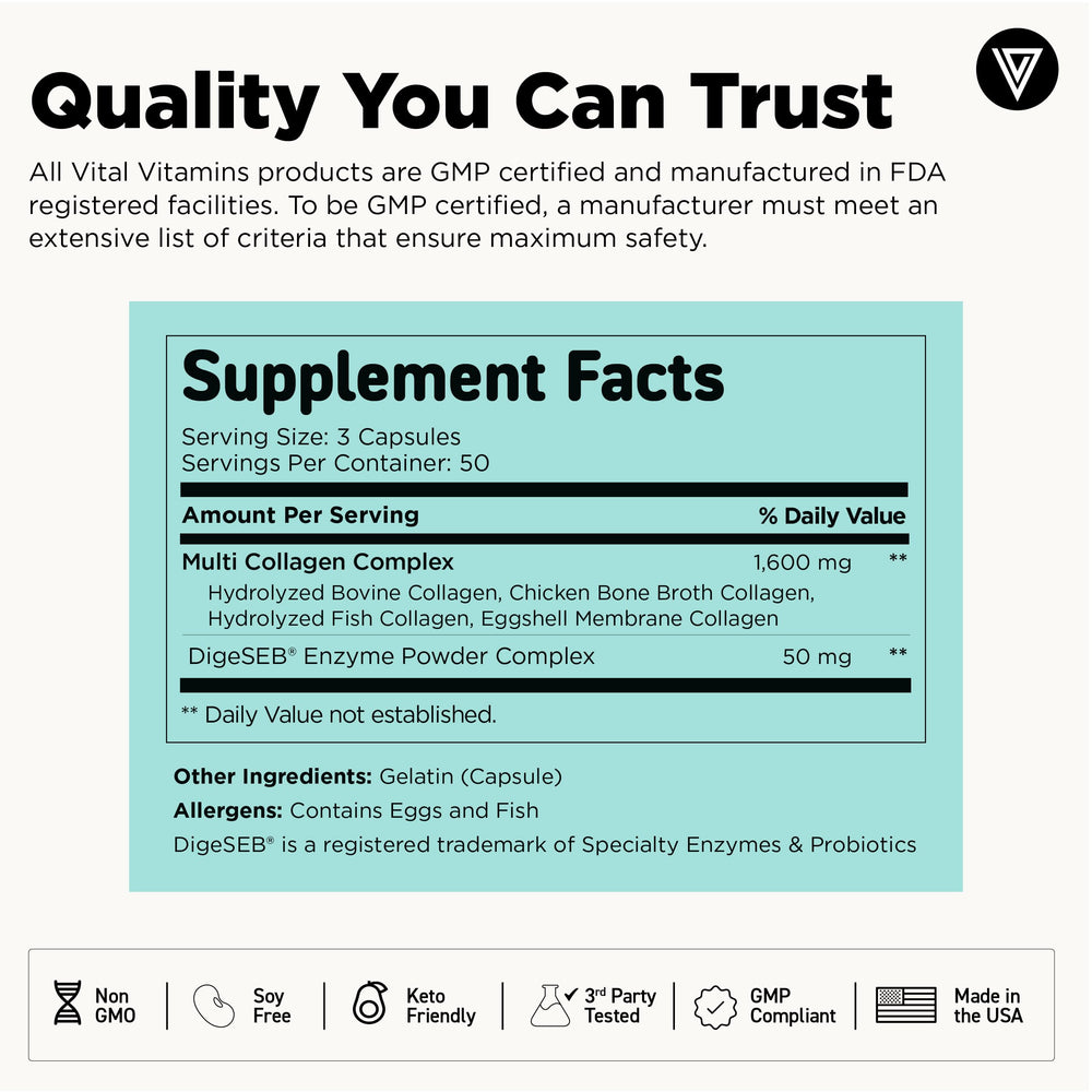 Vital Vitamins etiqueta de ingredientes destacando tipos de colágeno y Digeseb