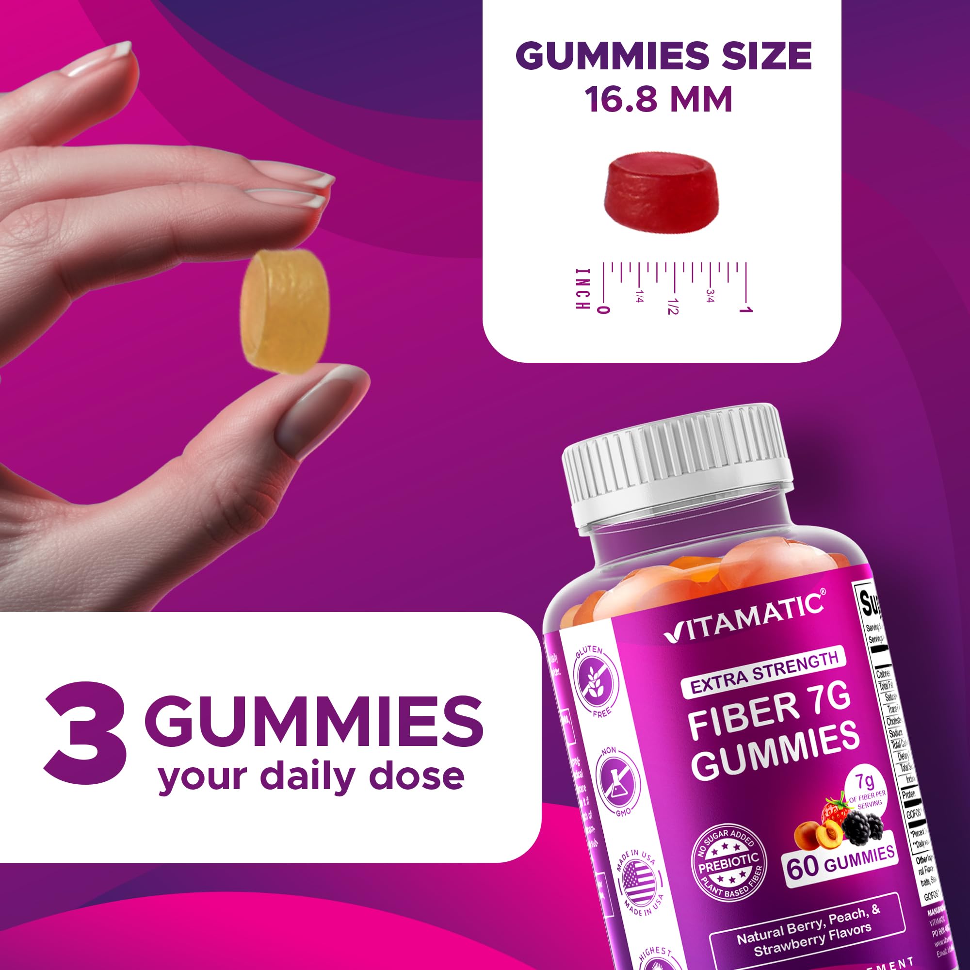 Vitamatic gominolas en tres sabores mostrando variedad y atractivo natural