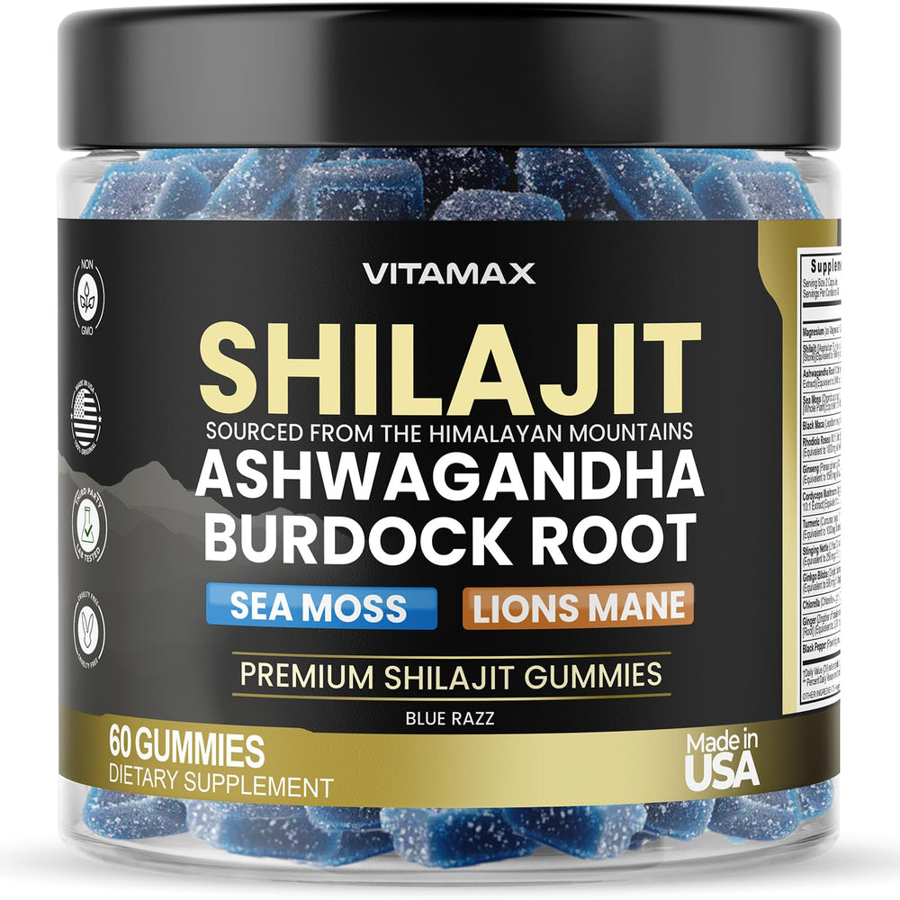 Vitamax gomitas pure shilajit frontal mostrando envase y beneficios
