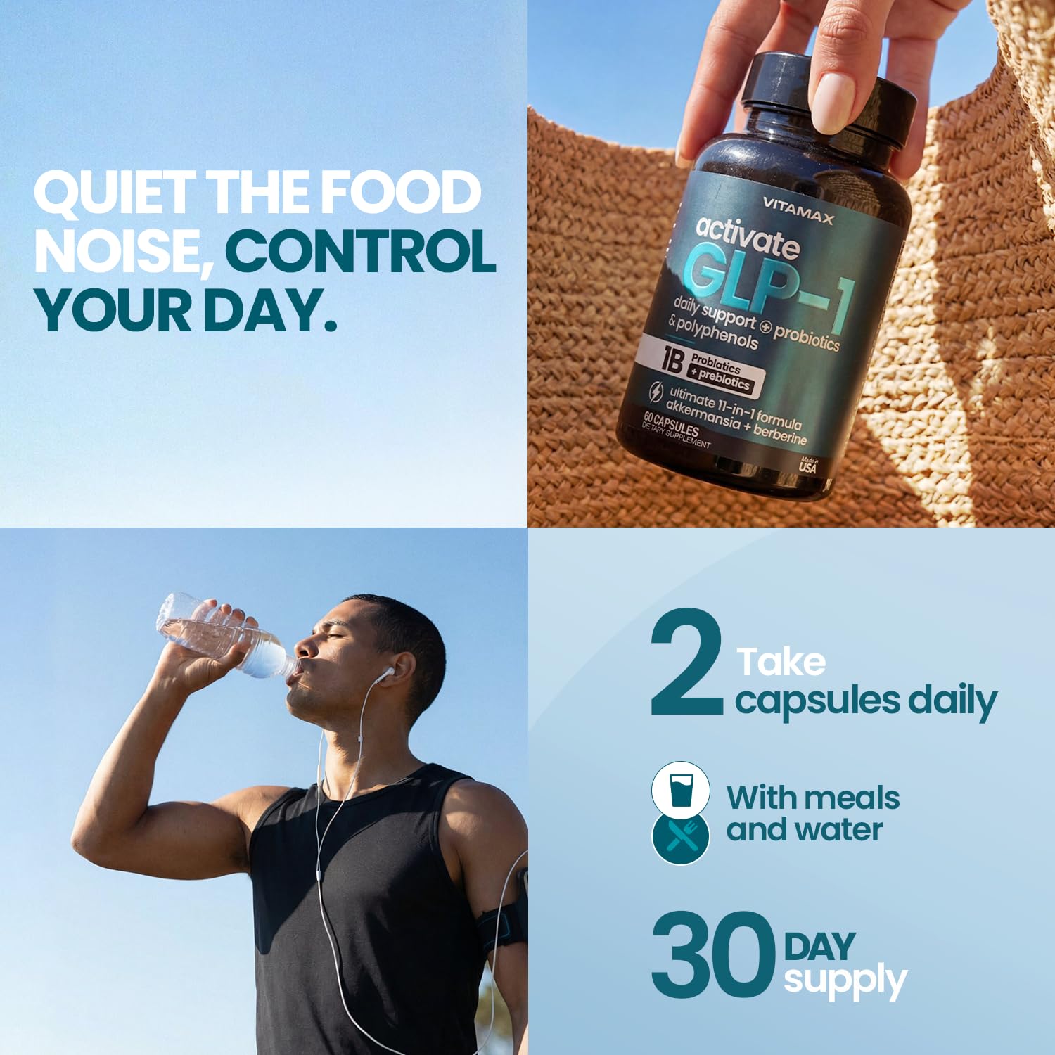 Vitamax suplemento junto a alimentos saludables en ambiente cotidiano