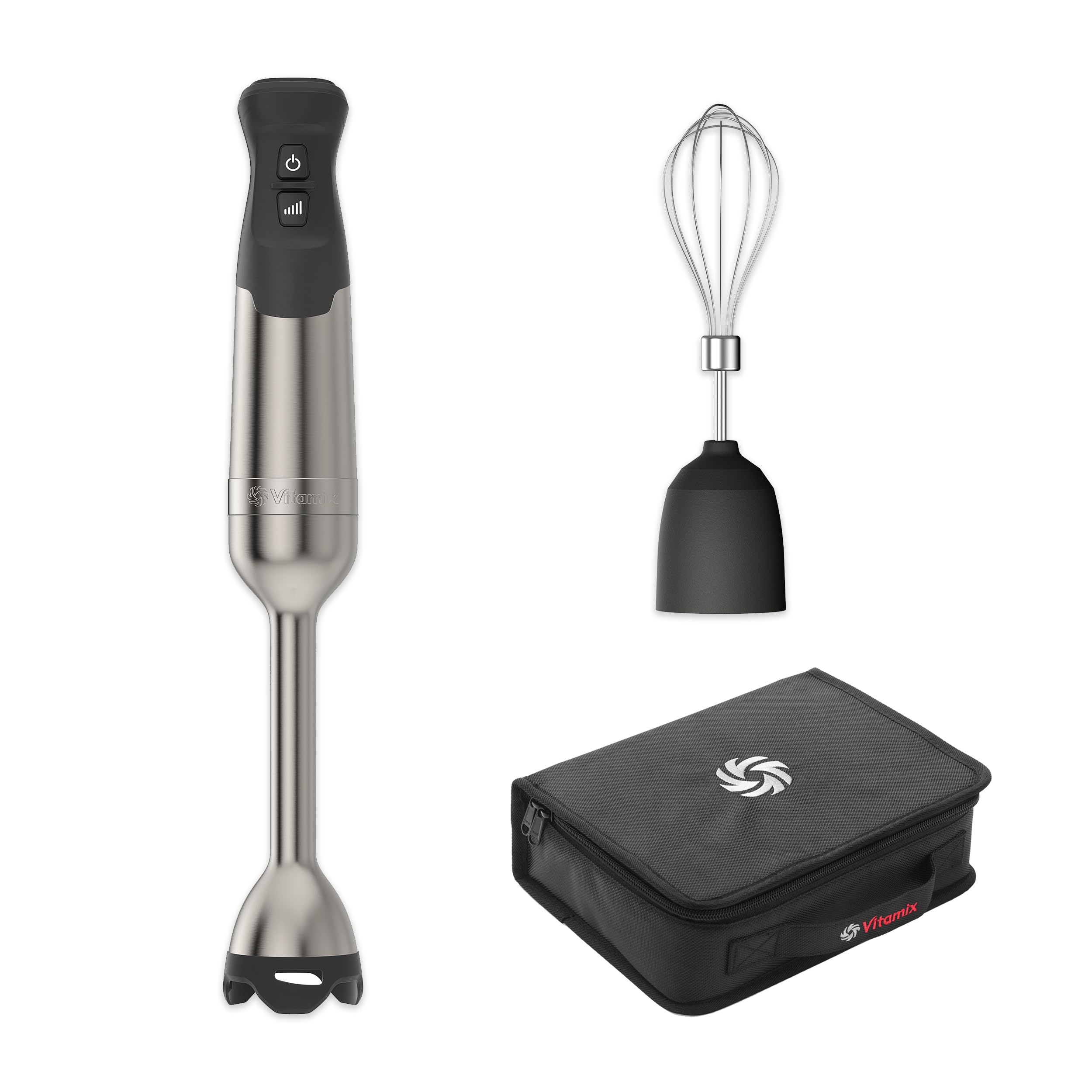 Vitamix vista frontal del conjunto completo con estuche y batidor, versatilidad inmediata