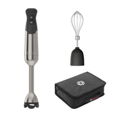 Vitamix vista frontal del conjunto completo con estuche y batidor, versatilidad inmediata