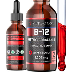 VITBOOST frasco frontal de gotas B12 con etiqueta visible y beneficio de absorción rápida
