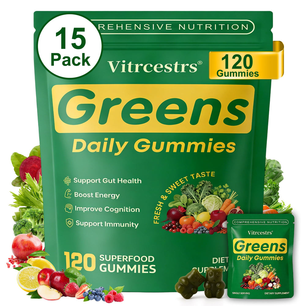 Vitrcestrs frasco frontal mostrando 120 gomitas y envase claro, conveniencia diaria