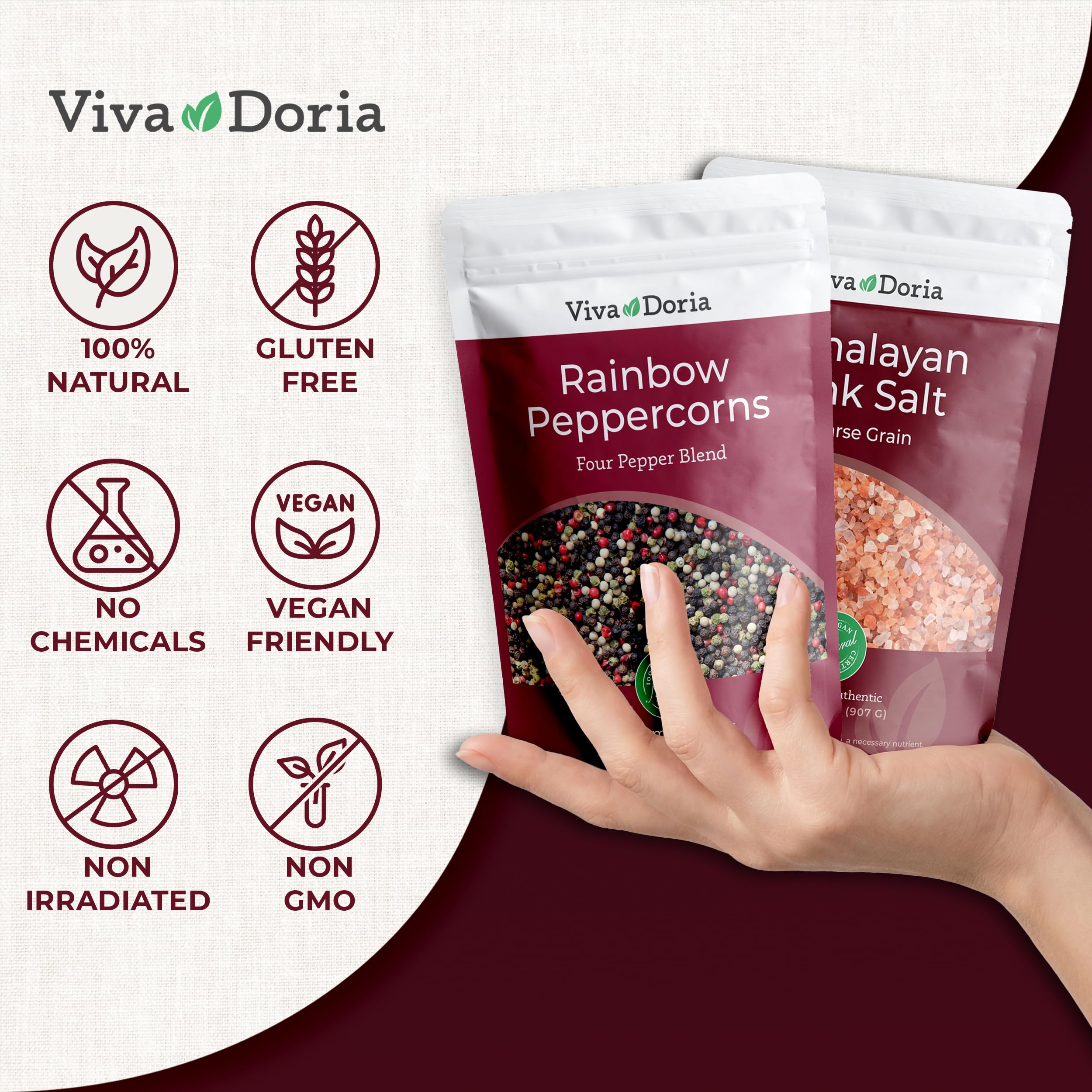 Viva Doria cristales de sal rosa del Himalaya, textura para moler