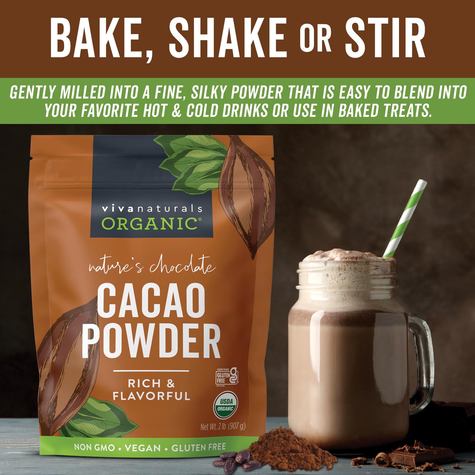 Viva Naturals cacao mezclado en batido, aporte de sabor y color
