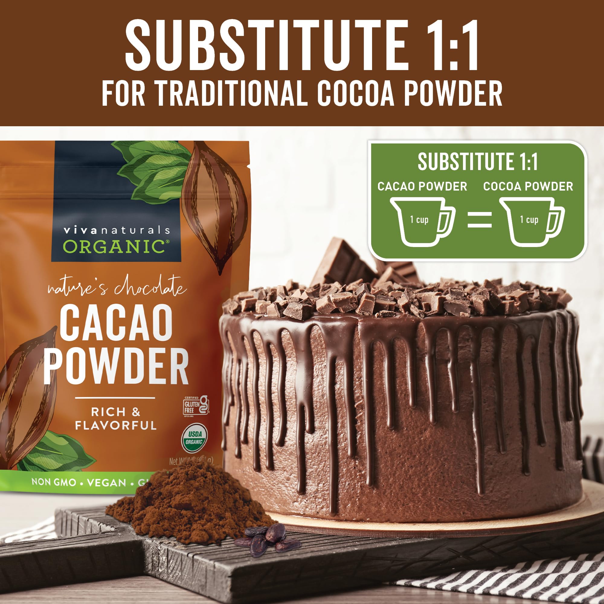 Viva Naturals cacao usado en brownie casero con color profundo