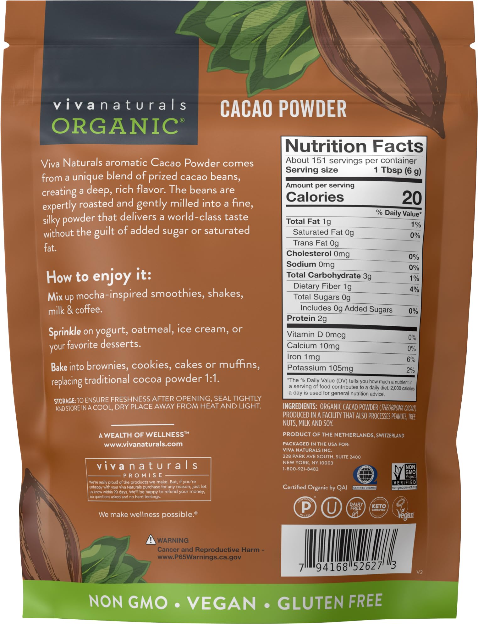 Viva Naturals etiqueta con certificaciones orgánicas y Non-GMO visibles