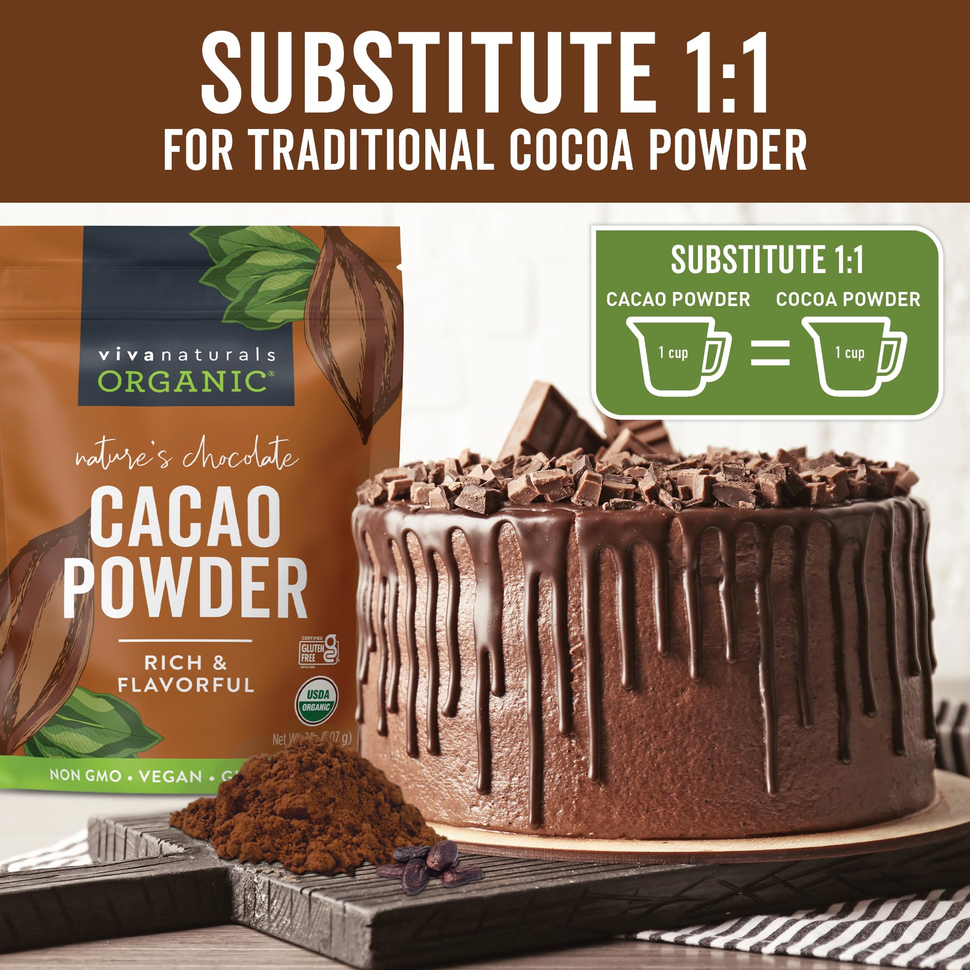 Viva Naturals cacao usado en brownies caseros, resultado de textura rica